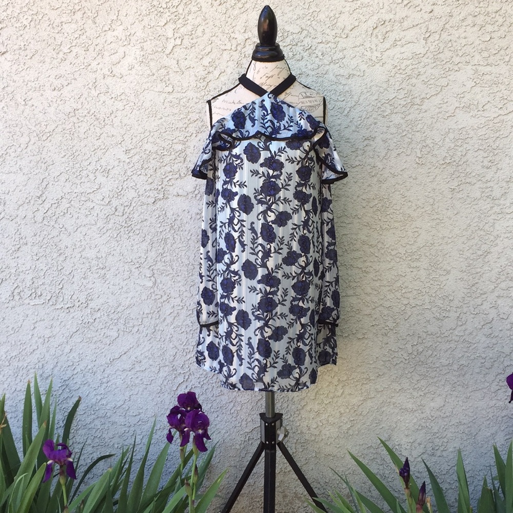 T.D.C Topson Contemporary Floral Ruffle Halter Cold Shoulder Long Sleeve Dress